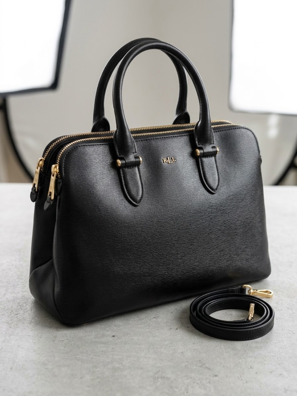 Lauren Ralph Lauren Taske Saffiano Leather Large Double Zip Satchel Purse Black